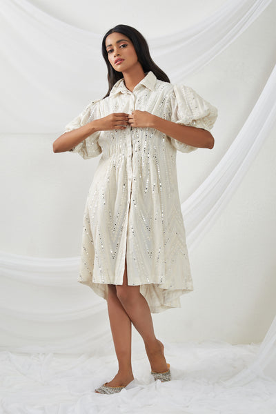 twenty nine  Mirrorwork Hi-Low Dress ivory fusion indian designer wear online shopping melange singapore