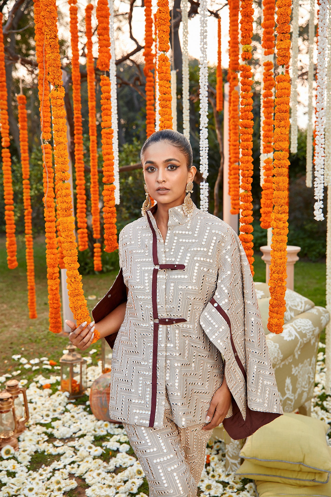 twenty nine mirrorwork jacket with buttoned cape sleeves taupe fusion indian designer wear online shopping melange singapore