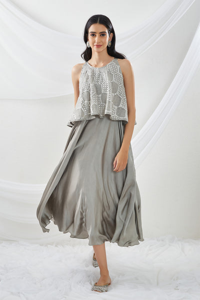 twenty nine Mirrorwork Long Dress grey  fusion indian designer wear online shopping melange singapore