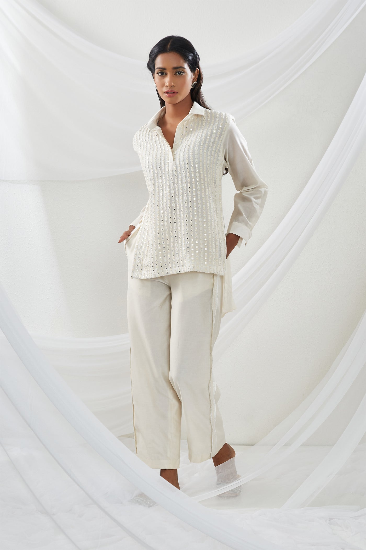 twenty nine Mirrorwork Panel Shirt With Pant white  fusion indian designer wear online shopping melange singapore