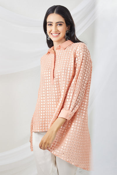 twenty nine Mirrorwork Panel Shirt With Pant peach  fusion indian designer wear online shopping melange singapore