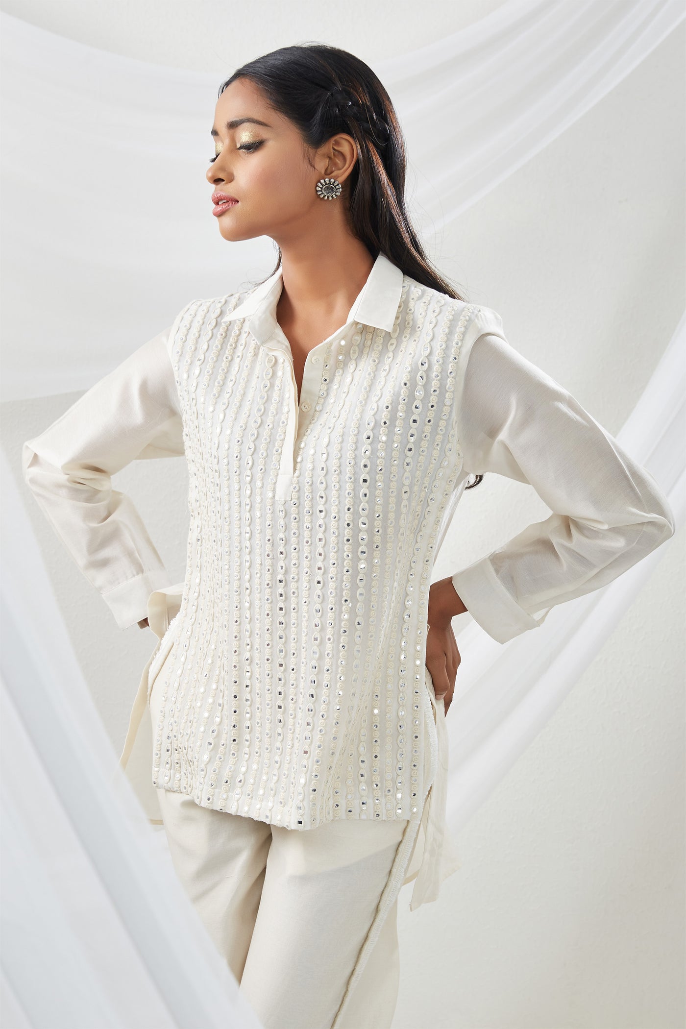 twenty nine Mirrorwork Panel Shirt With Pant white  fusion indian designer wear online shopping melange singapore