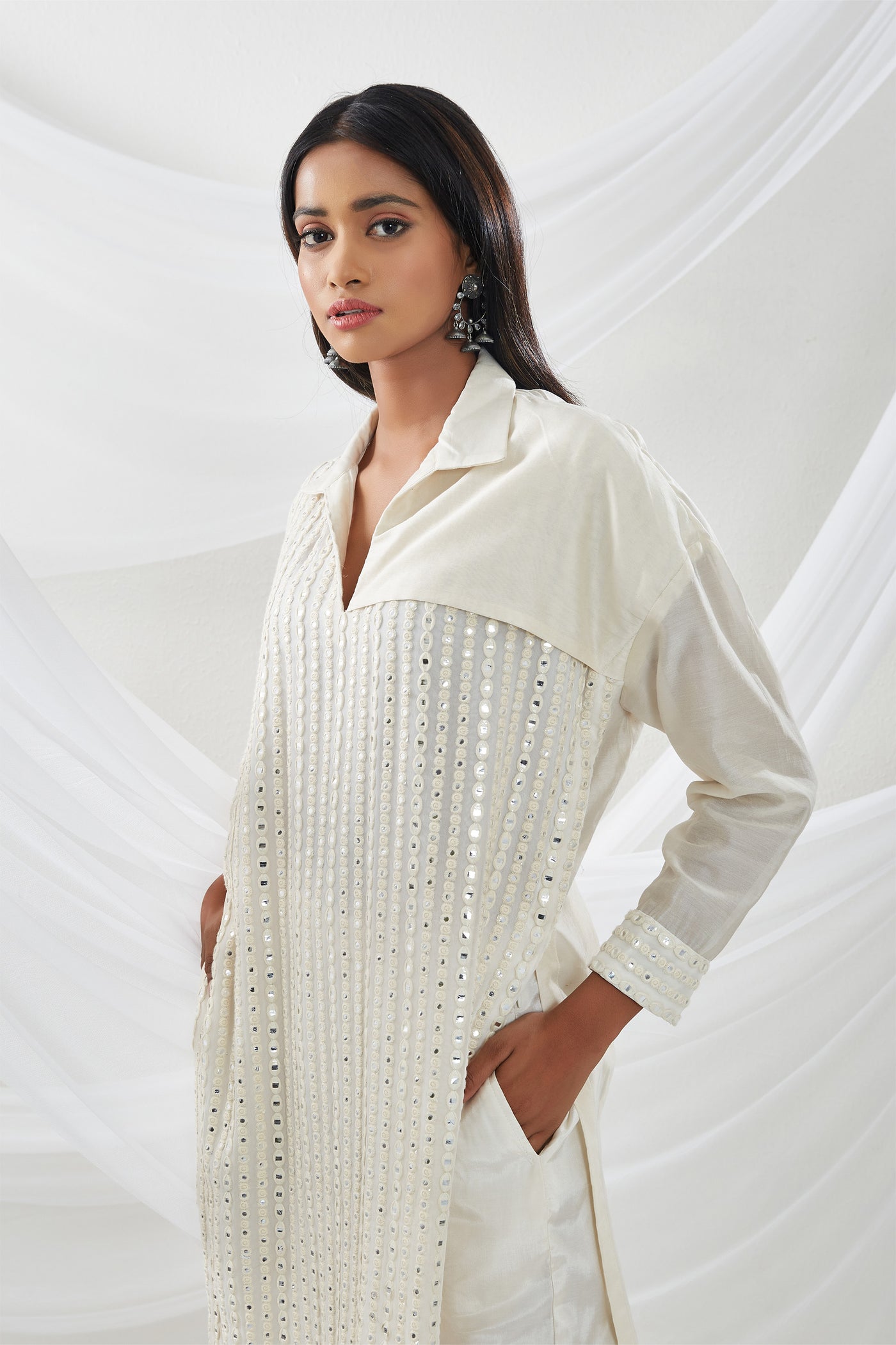 twenty nine Mirrorwork Panel Tunic With Pant white  fusion indian designer wear online shopping melange singapore