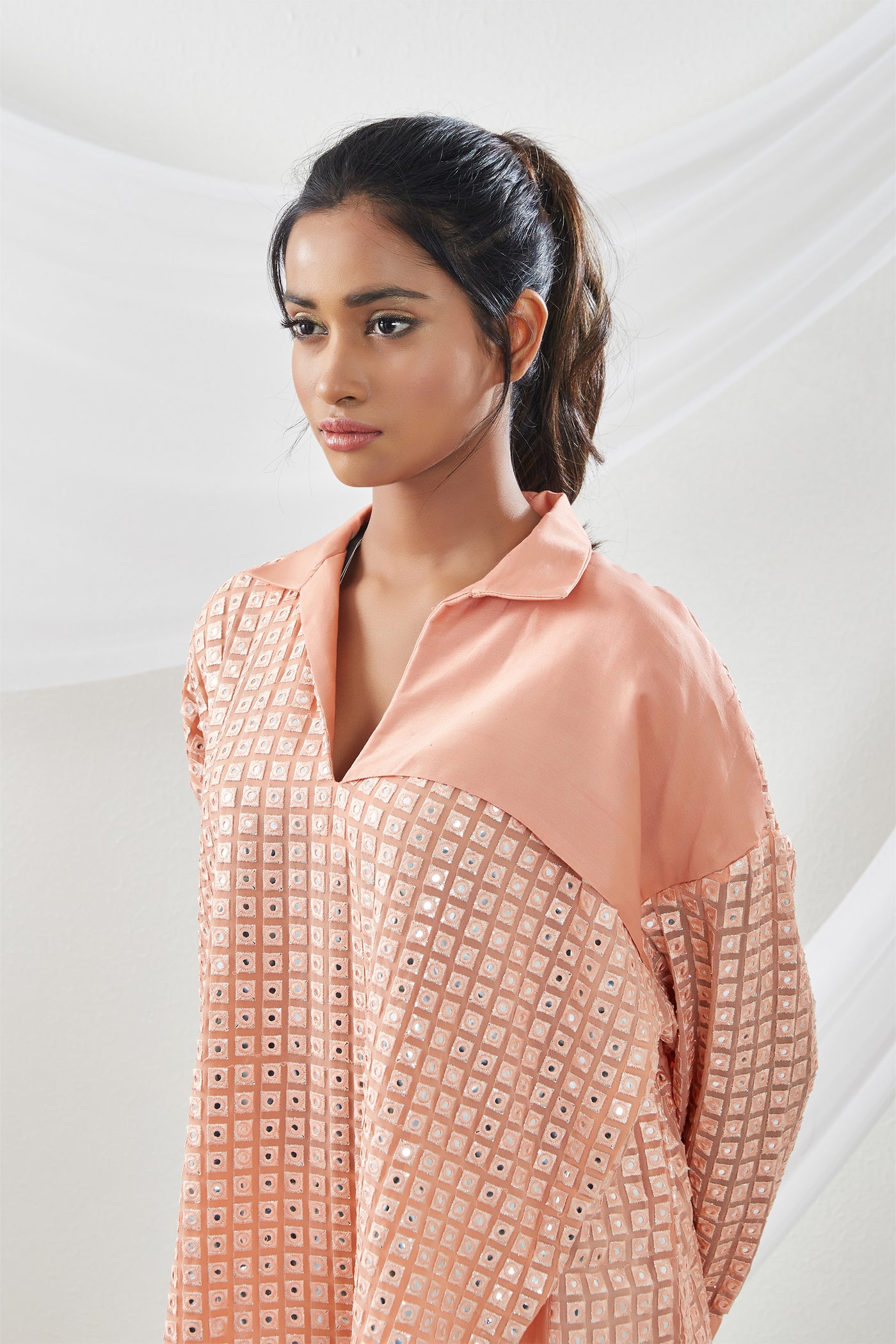 twenty nine Mirrorwork Panel Tunic With Pant peach  fusion indian designer wear online shopping melange singapore