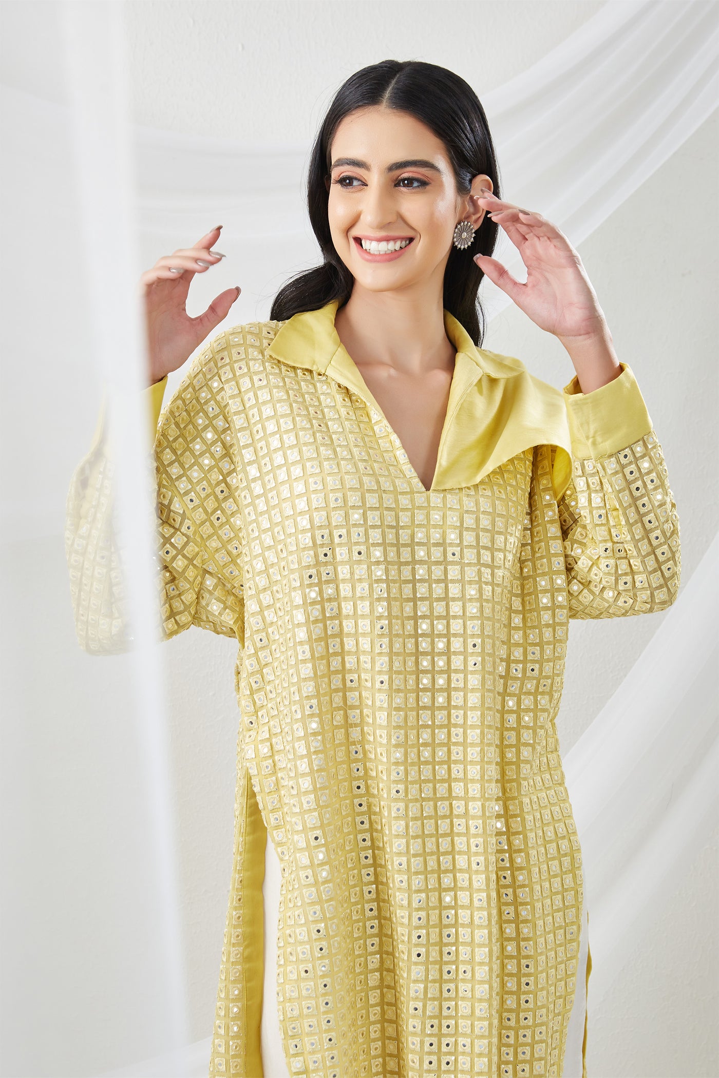twenty nine Mirrorwork Panel Tunic With Pant yellow  fusion indian designer wear online shopping melange singapore