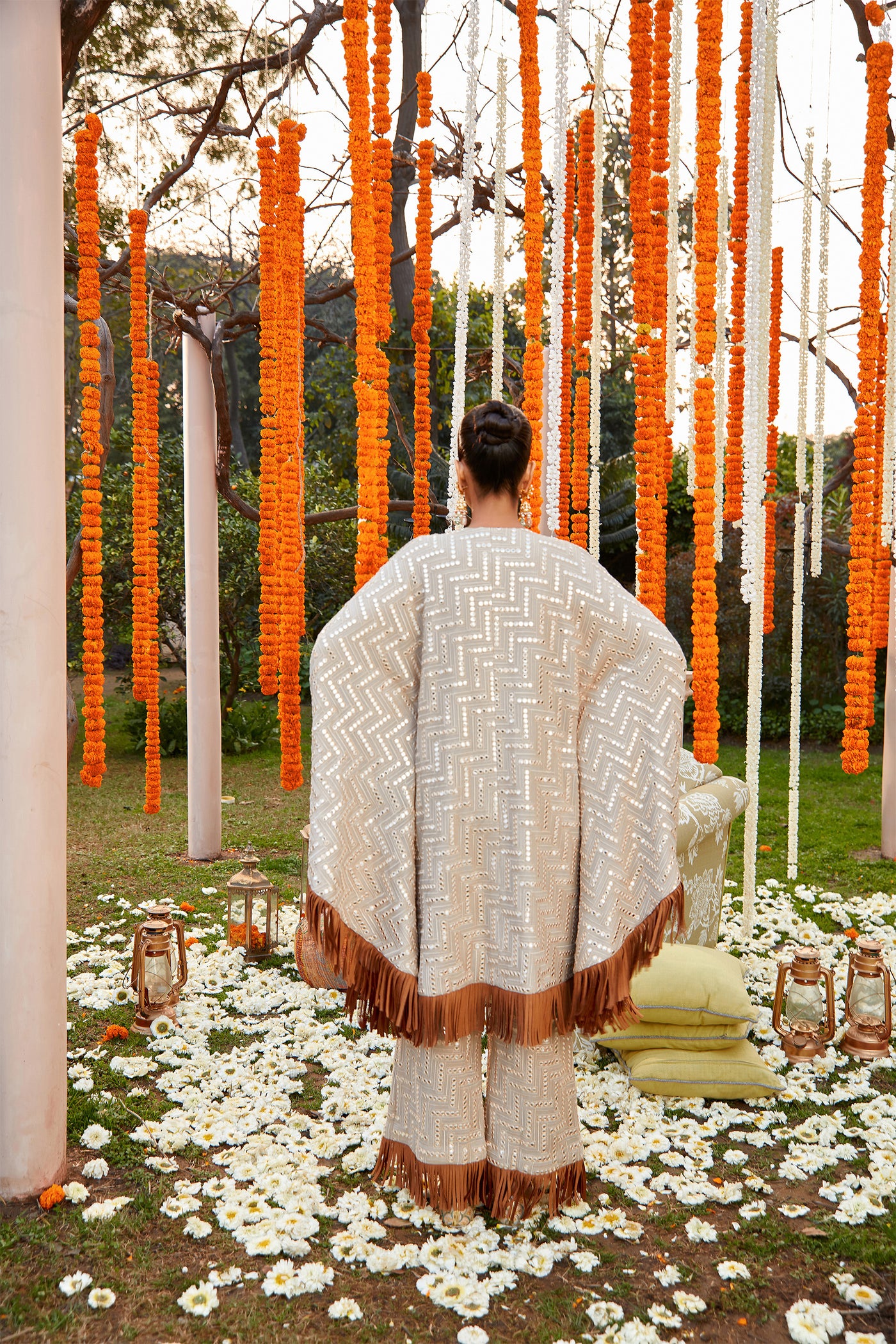 twenty nine mirrorwork poncho dress with belt taupe fusion indian designer wear online shopping melange singapore