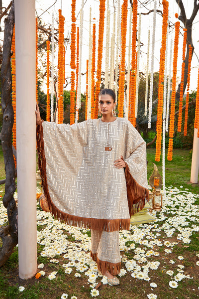 twenty nine mirrorwork poncho dress with belt taupe fusion indian designer wear online shopping melange singapore
