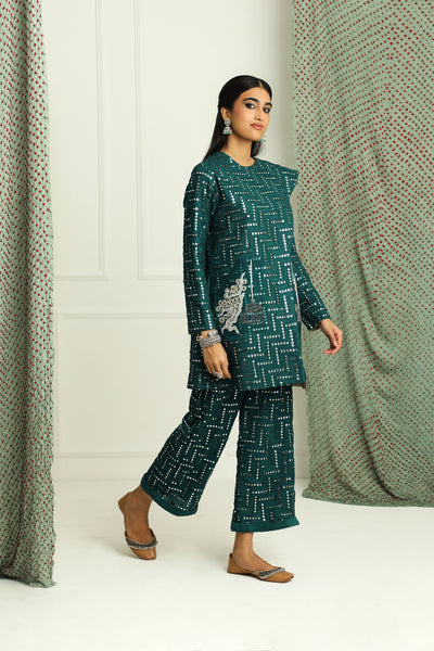 twenty nine mirrorwork turnover pants green fusion indian designer wear online shopping melange singapore