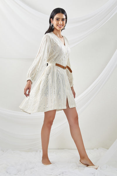 twenty nine Mirrorwork Wrapover Shift Dress white  fusion indian designer wear online shopping melange singapore