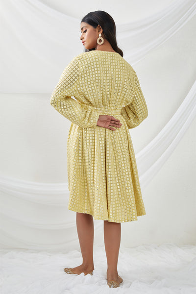 twenty nine Mirrorwork Wrapover Shift Dress yellow  fusion indian designer wear online shopping melange singapore