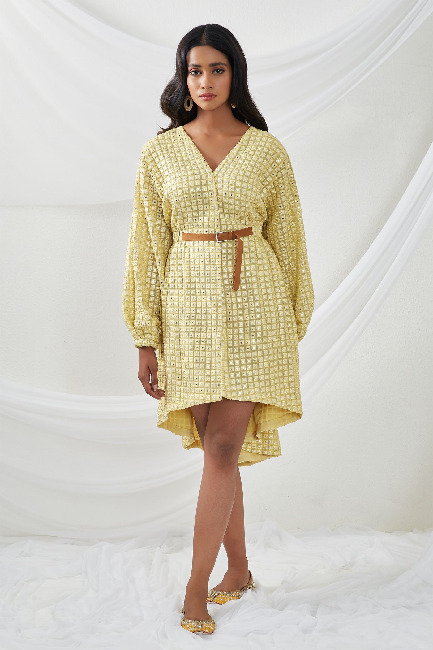 twenty nine Mirrorwork Wrapover Shift Dress yellow  fusion indian designer wear online shopping melange singapore
