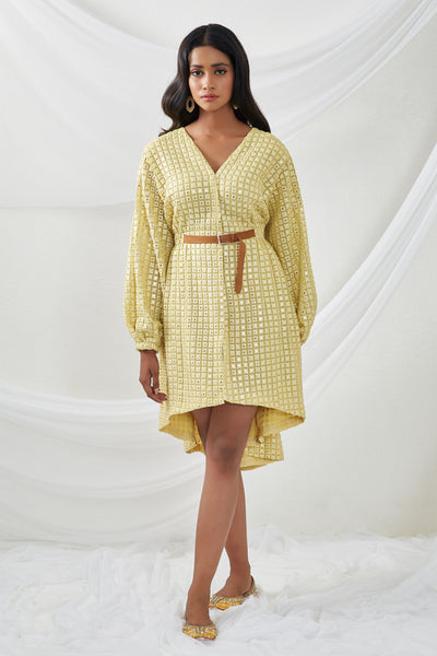 twenty nine Mirrorwork Wrapover Shift Dress yellow  fusion indian designer wear online shopping melange singapore