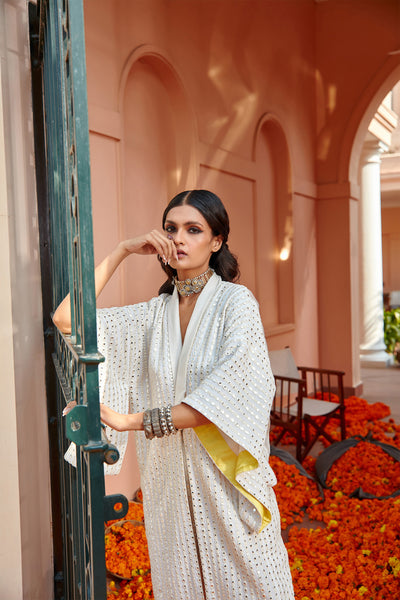 twenty nine mirrorwork pant with layered embroided organza white fusion indian designer wear online shopping melange singapore