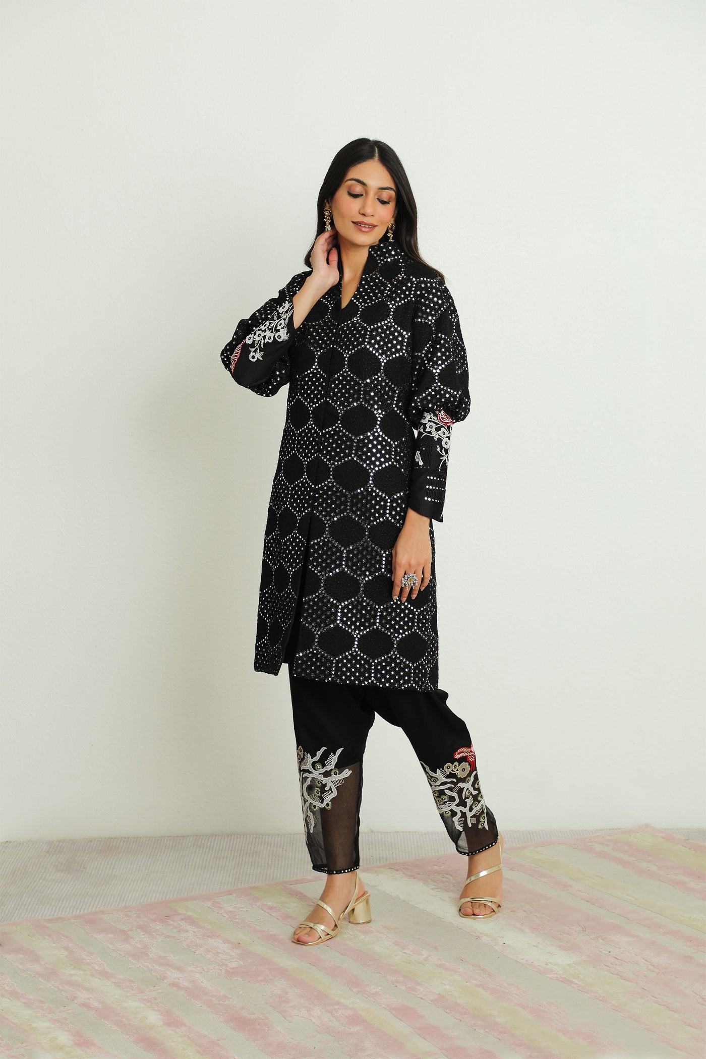 twenty nine modal satin dhoti with embroided organza poncho black fusion indian designer wear online shopping melange singapore