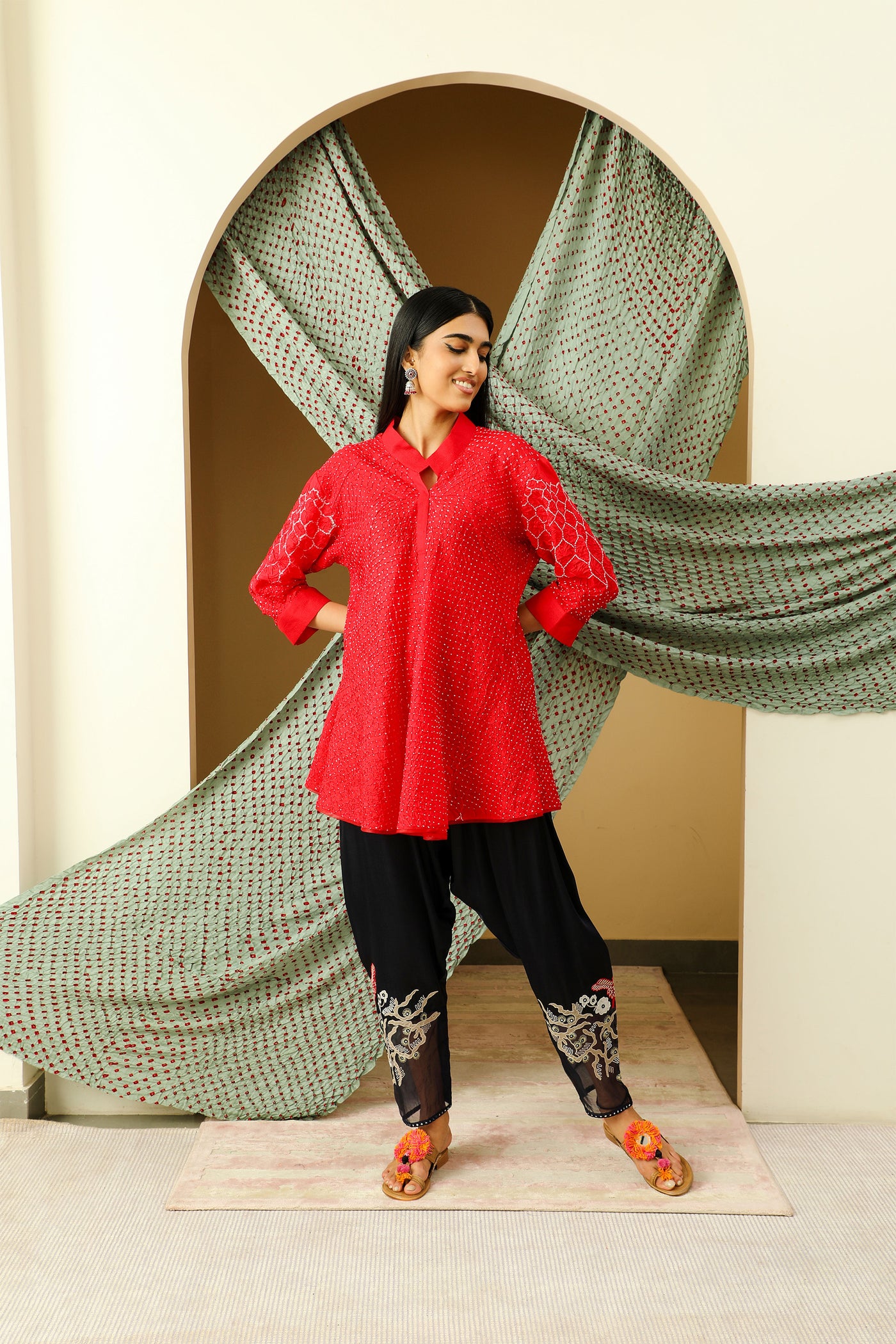 twenty nine modal satin dhoti with embroided organza poncho red and black fusion indian designer wear online shopping melange singapore