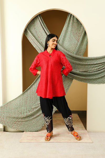twenty nine modal satin dhoti with embroided organza poncho red and black fusion indian designer wear online shopping melange singapore