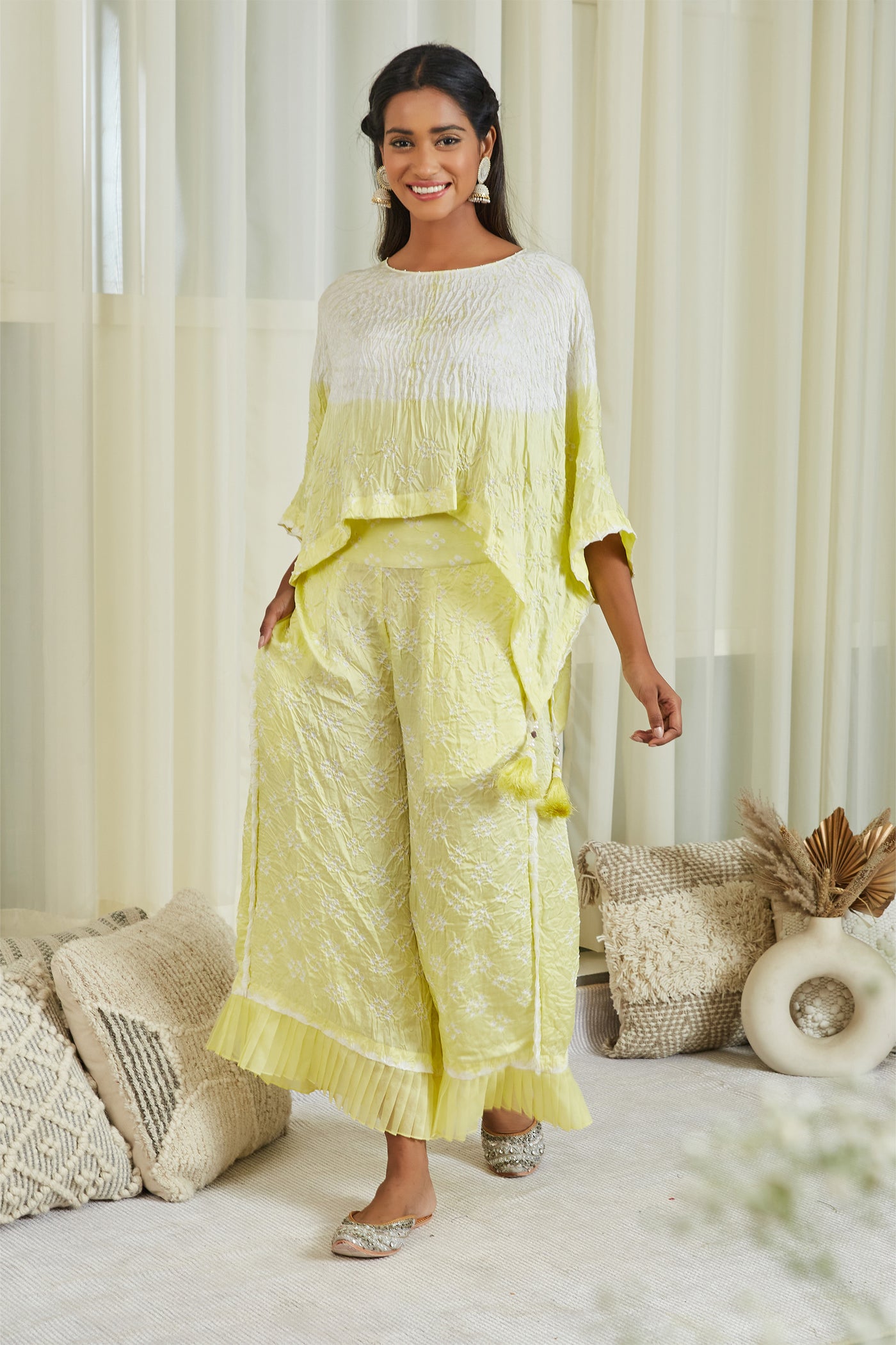 twenty nine Shibori Bandhani Co-ord Pant Set lime yellow fusion indian designer wear online shopping melange singapore