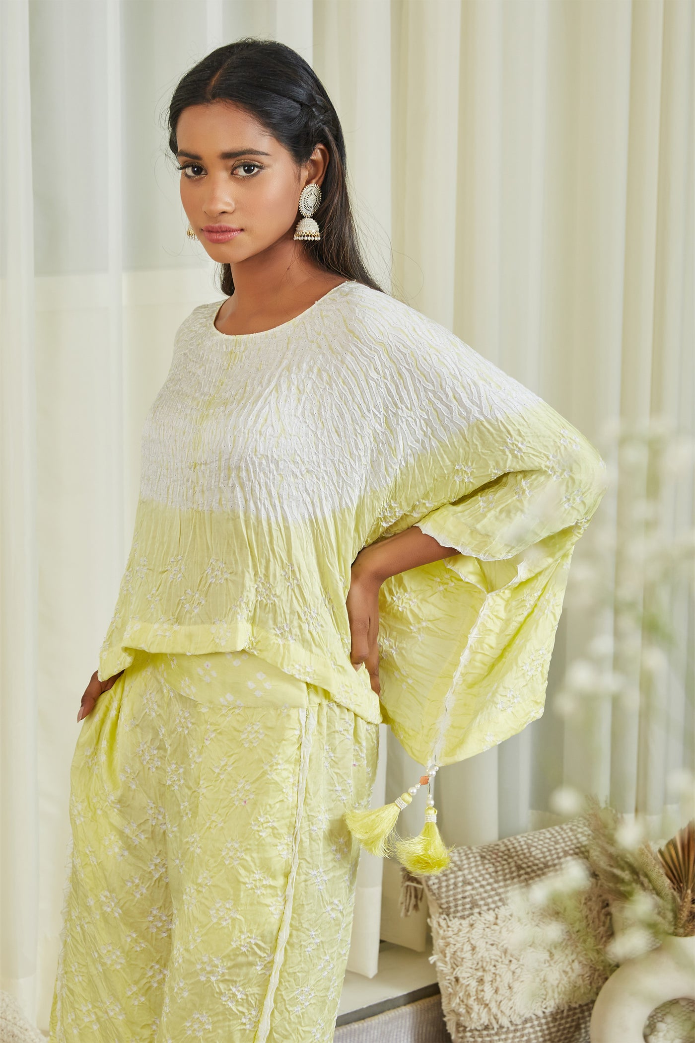 twenty nine Shibori Bandhani Co-ord Pant Set lime yellow fusion indian designer wear online shopping melange singapore