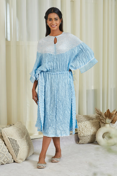 twenty nine Shibori Bandhani Drawstring Tunic Dress sky blue  fusion indian designer wear online shopping melange singapore