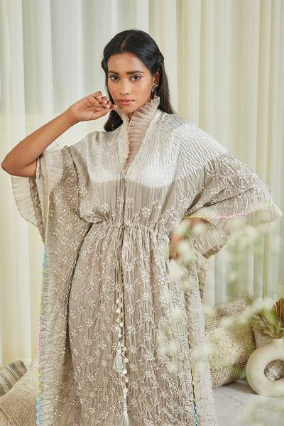 twenty nine Shibori Bandhani Frill Kaftan Dress taupe  fusion indian designer wear online shopping melange singapore