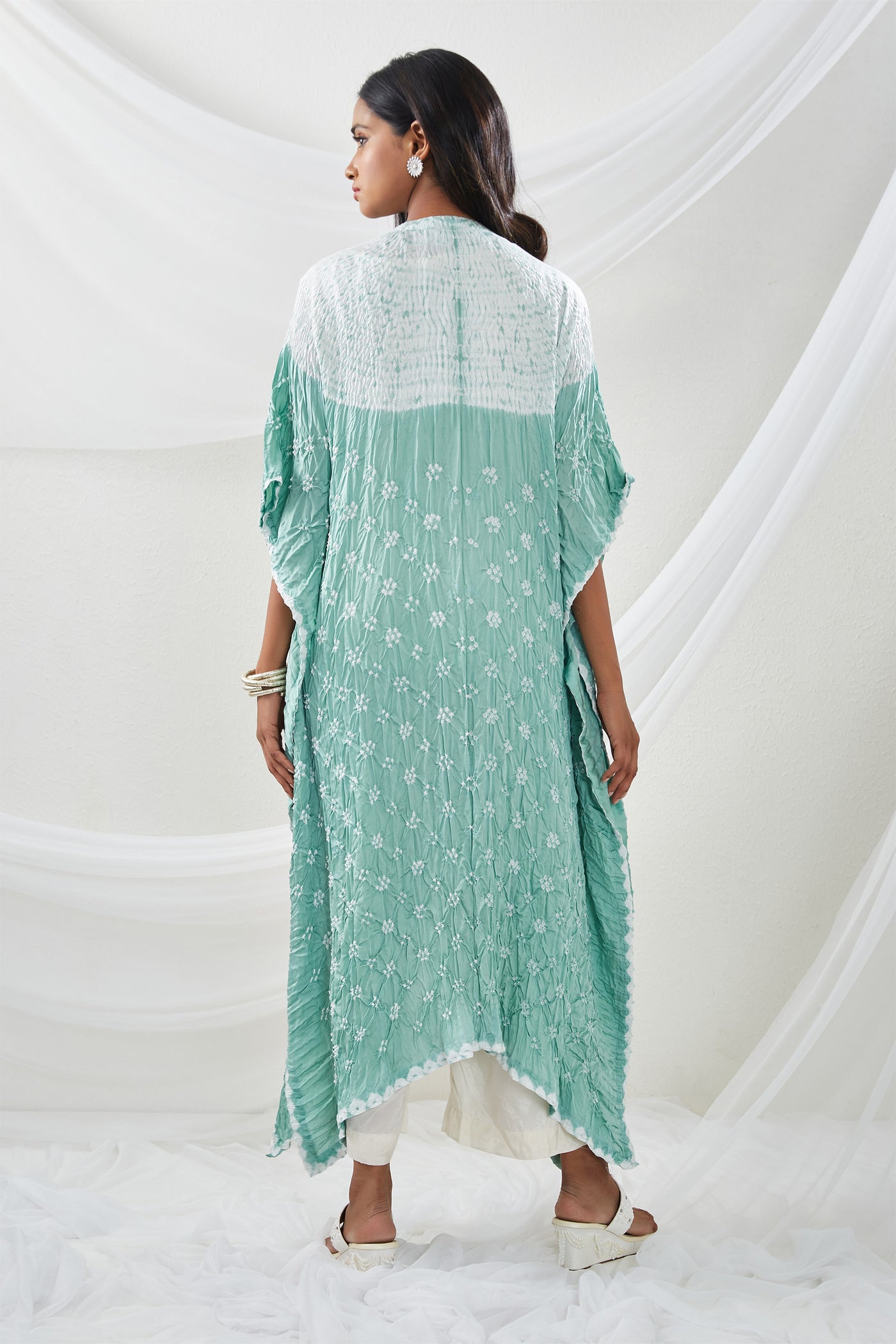 twenty nine Shibori Bandhani Frill Kaftan Overlay with Inner and Pants sea green  fusion indian designer wear online shopping melange singapore