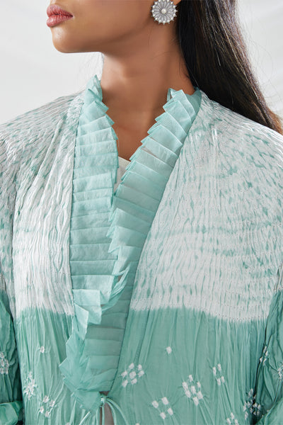 twenty nine Shibori Bandhani Frill Kaftan Overlay with Inner and Pants sea green  fusion indian designer wear online shopping melange singapore