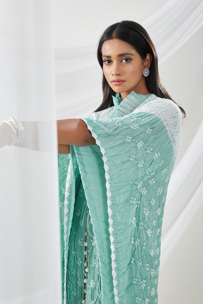 twenty nine Shibori Bandhani Frill Kaftan Overlay with Inner and Pants sea green  fusion indian designer wear online shopping melange singapore