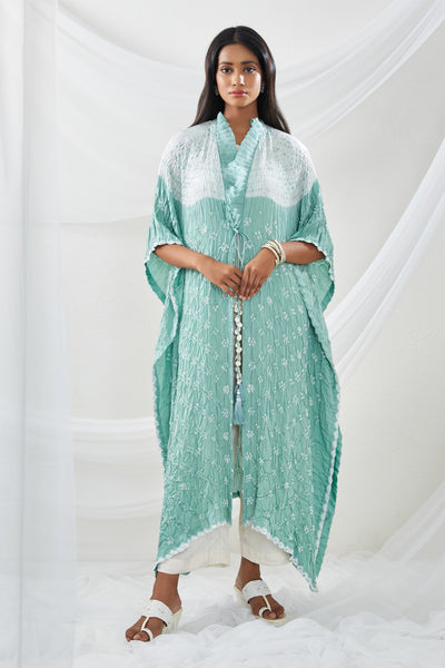 twenty nine Shibori Bandhani Frill Kaftan Overlay with Inner and Pants sea green  fusion indian designer wear online shopping melange singapore