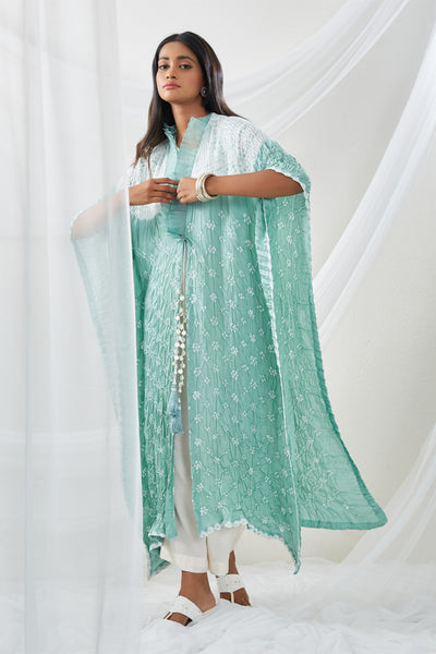 twenty nine Shibori Bandhani Frill Kaftan Overlay with Inner and Pants sea green  fusion indian designer wear online shopping melange singapore