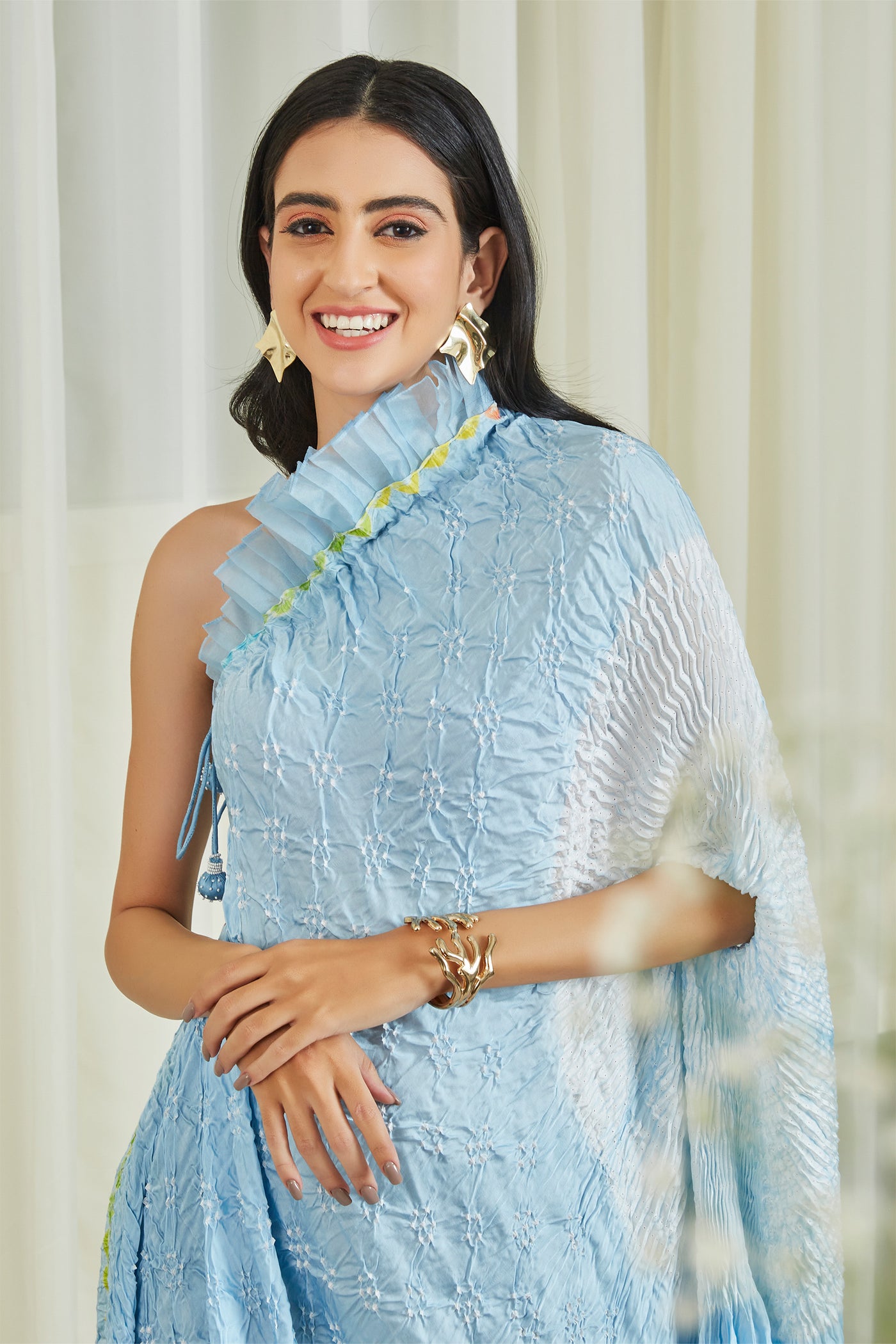 twenty nine Shibori Bandhani One Shoulder Dress powder blue  fusion indian designer wear online shopping melange singapore