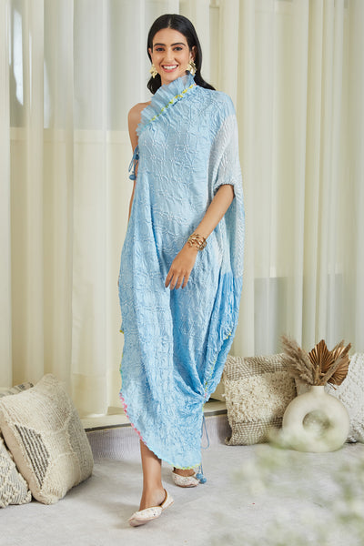 twenty nine Shibori Bandhani One Shoulder Dress powder blue  fusion indian designer wear online shopping melange singapore