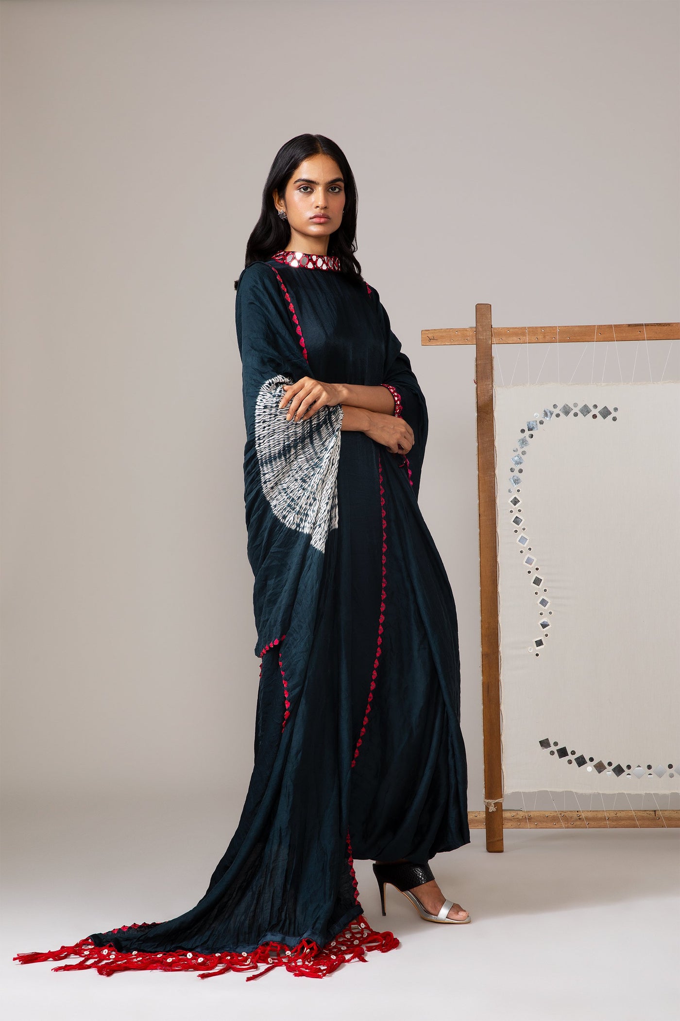 Shibori Bandhani drape with Mirrorwork Sleeves