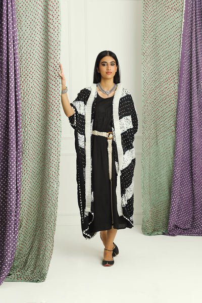 twenty nine shift dress with shibori bandhani frill layover jacket black fusion indian designer wear online shopping melange singapore
