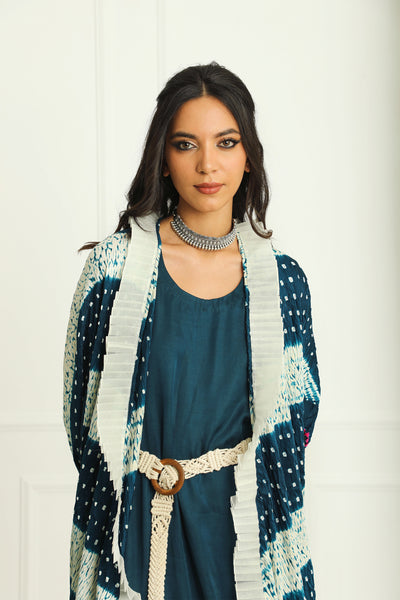 twenty nine shift dress with shibori bandhani frill layover jacket dark turquoise fusion indian designer wear online shopping melange singapore