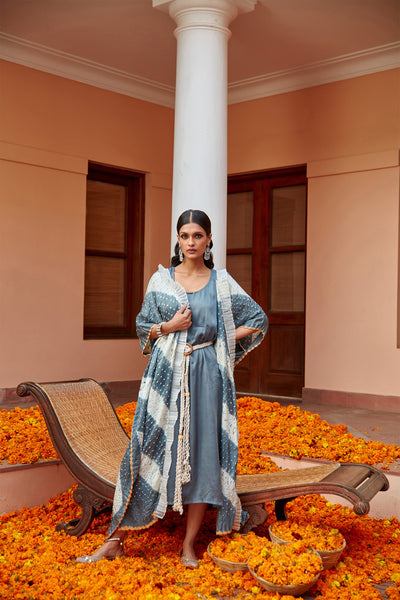 twenty nine shift dress with shibori bandhani frill layover jacket light turquoise fusion indian designer wear online shopping melange singapore