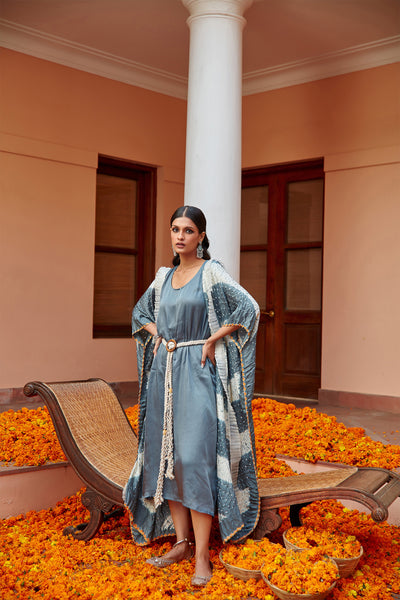 twenty nine shift dress with shibori bandhani frill layover jacket light turquoise fusion indian designer wear online shopping melange singapore