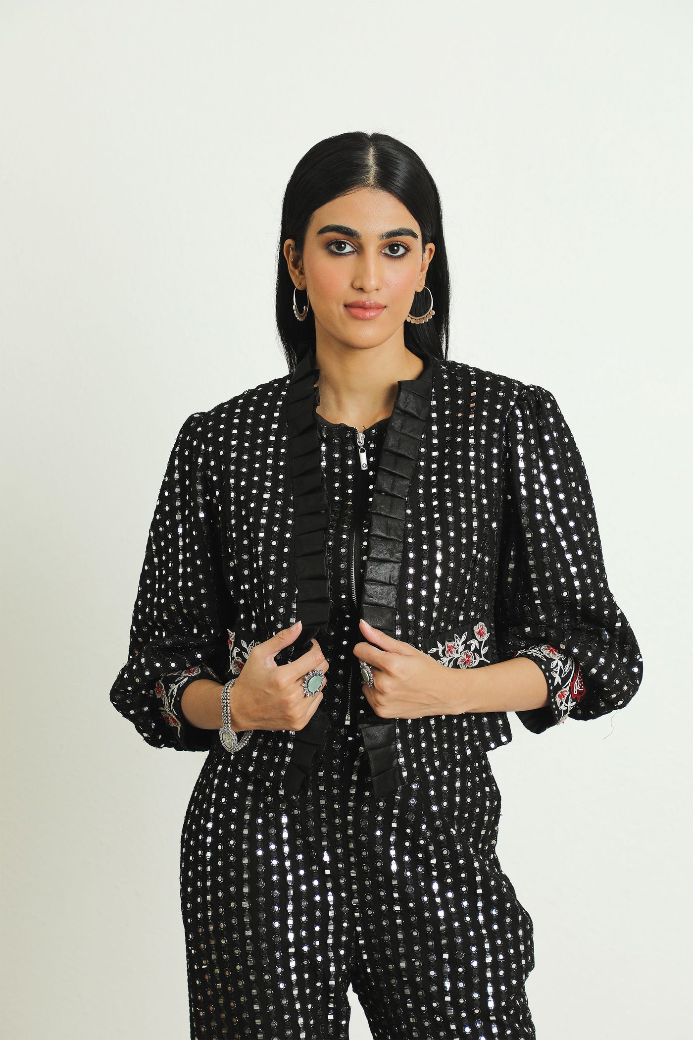 twenty nine short cherry blossom frill jacket black fusion indian designer wear online shopping melange singapore