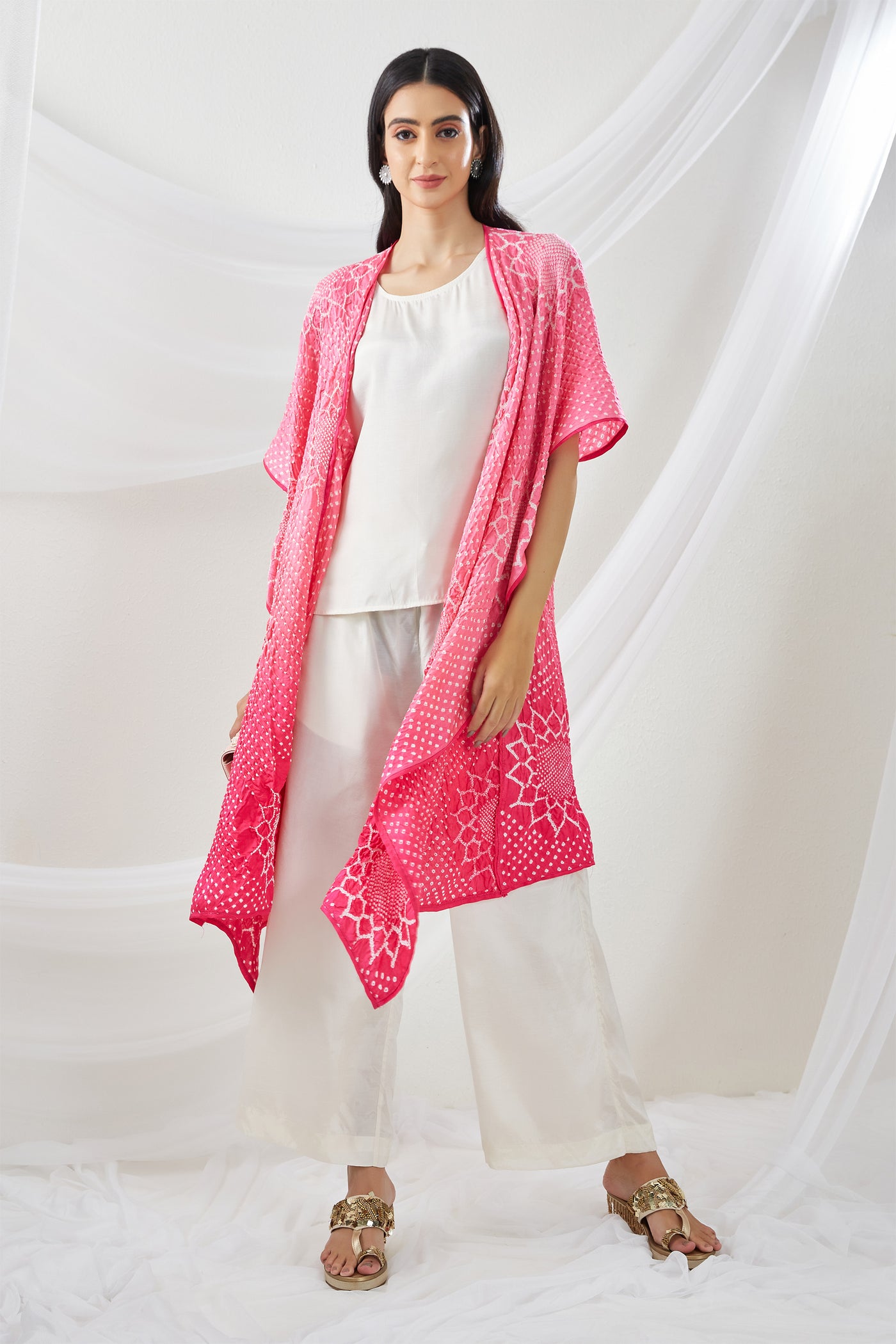 twenty nine Sunflower Bandhani Overlay with Lapels pink  fusion indian designer wear online shopping melange singapore