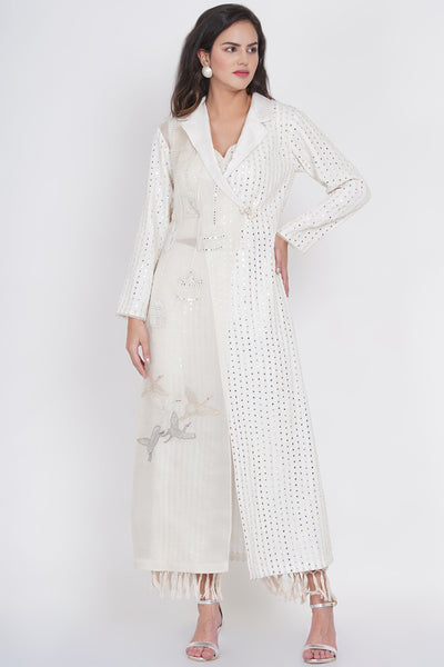 twenty nine mw cherry blossom notch collar long jacket white fusion indian designer wear online shopping melange singapore