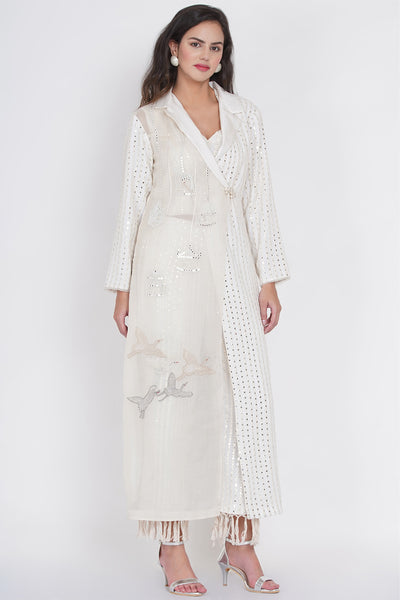 twenty nine mw cherry blossom notch collar long jacket white fusion indian designer wear online shopping melange singapore