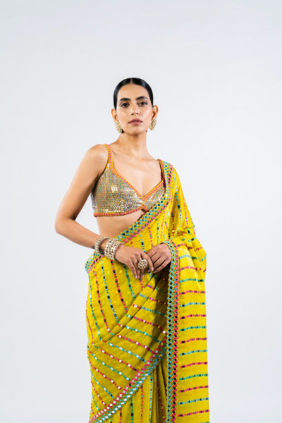 V Vani Vats Moss Green Mirror Saree With Metallic Blouse Indian designer wear online shopping melange singapore