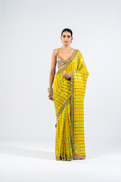 V Vani Vats Moss Green Mirror Saree With Metallic Blouse Indian designer wear online shopping melange singapore