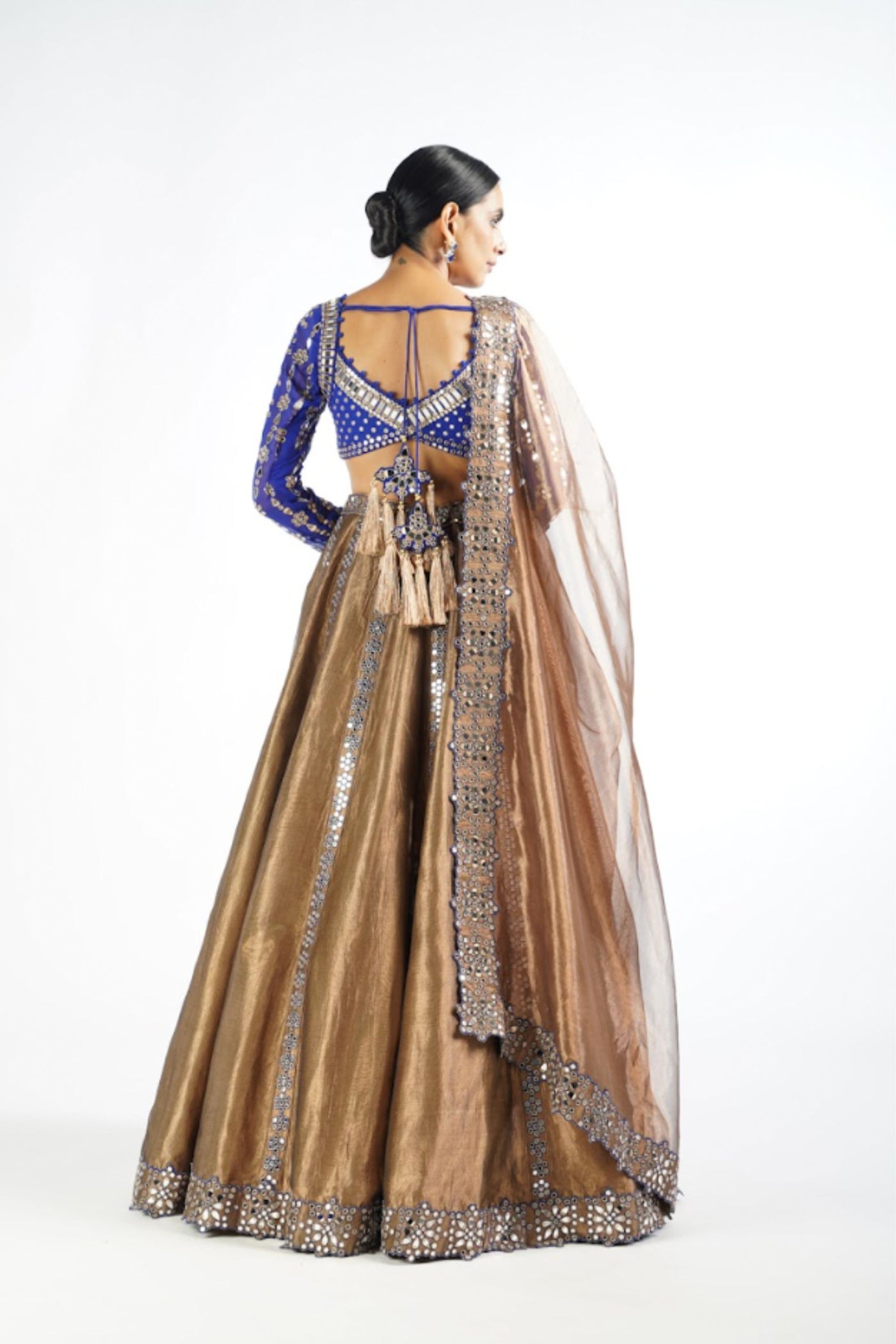 V Vani Vats Royal Blue And Copper Shimmer Organza Lehenga Set indian designer wear online shopping melange singapore