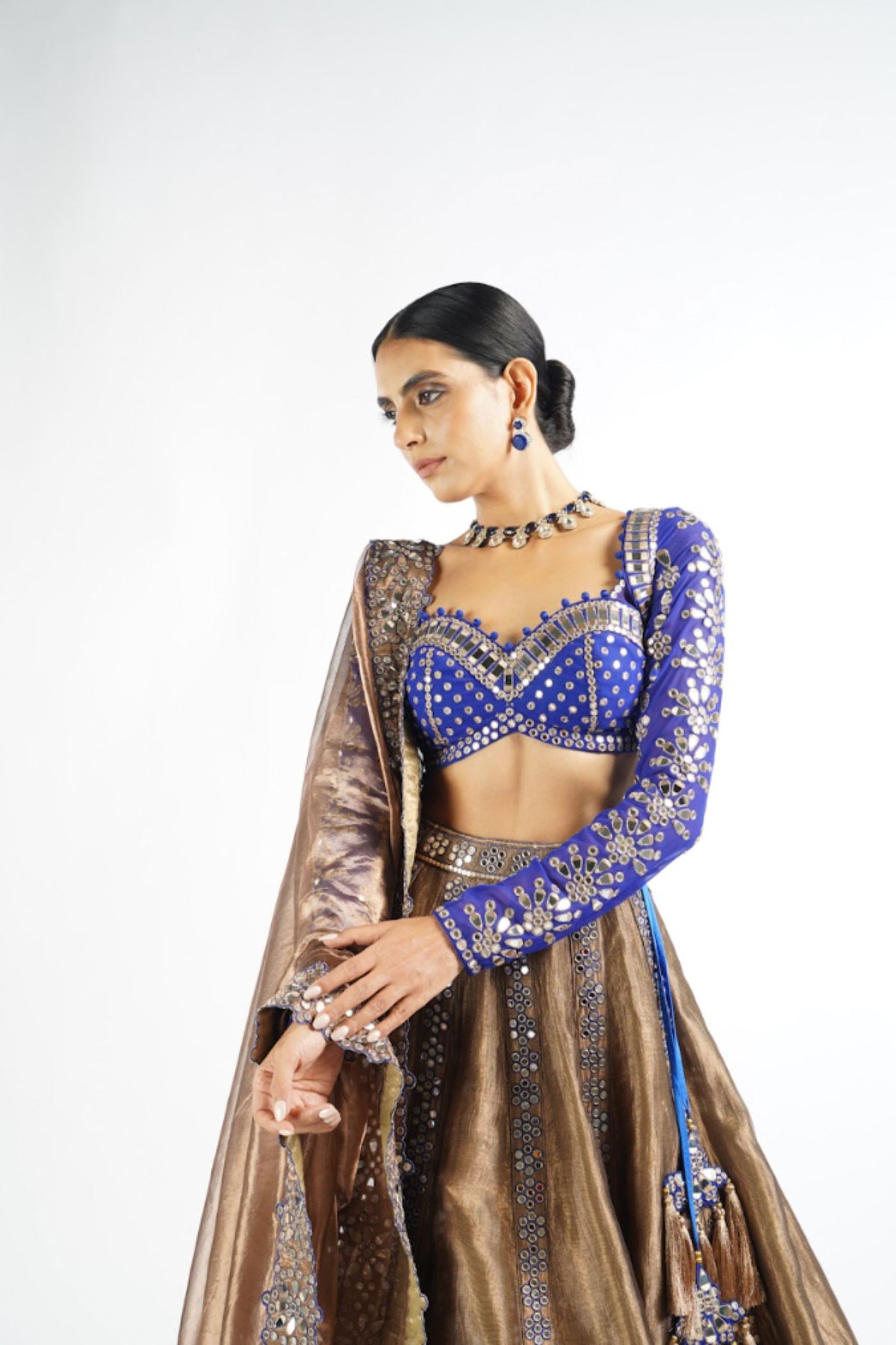 V Vani Vats Royal Blue And Copper Shimmer Organza Lehenga Set indian designer wear online shopping melange singapore