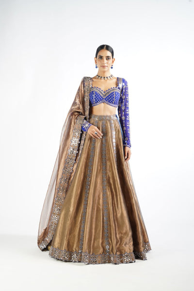 V Vani Vats Royal Blue And Copper Shimmer Organza Lehenga Set indian designer wear online shopping melange singapore