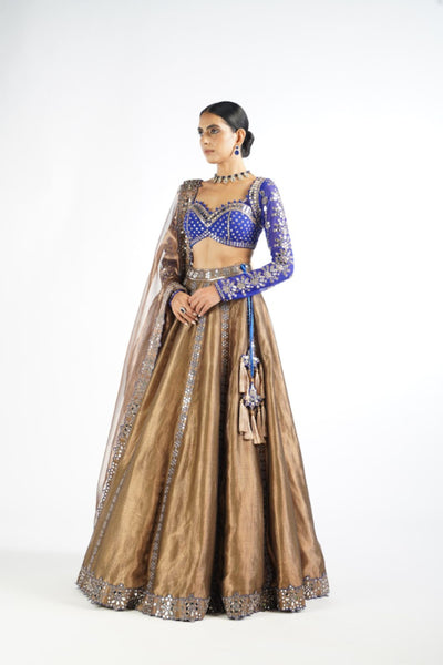V Vani Vats Royal Blue And Copper Shimmer Organza Lehenga Set indian designer wear online shopping melange singapore